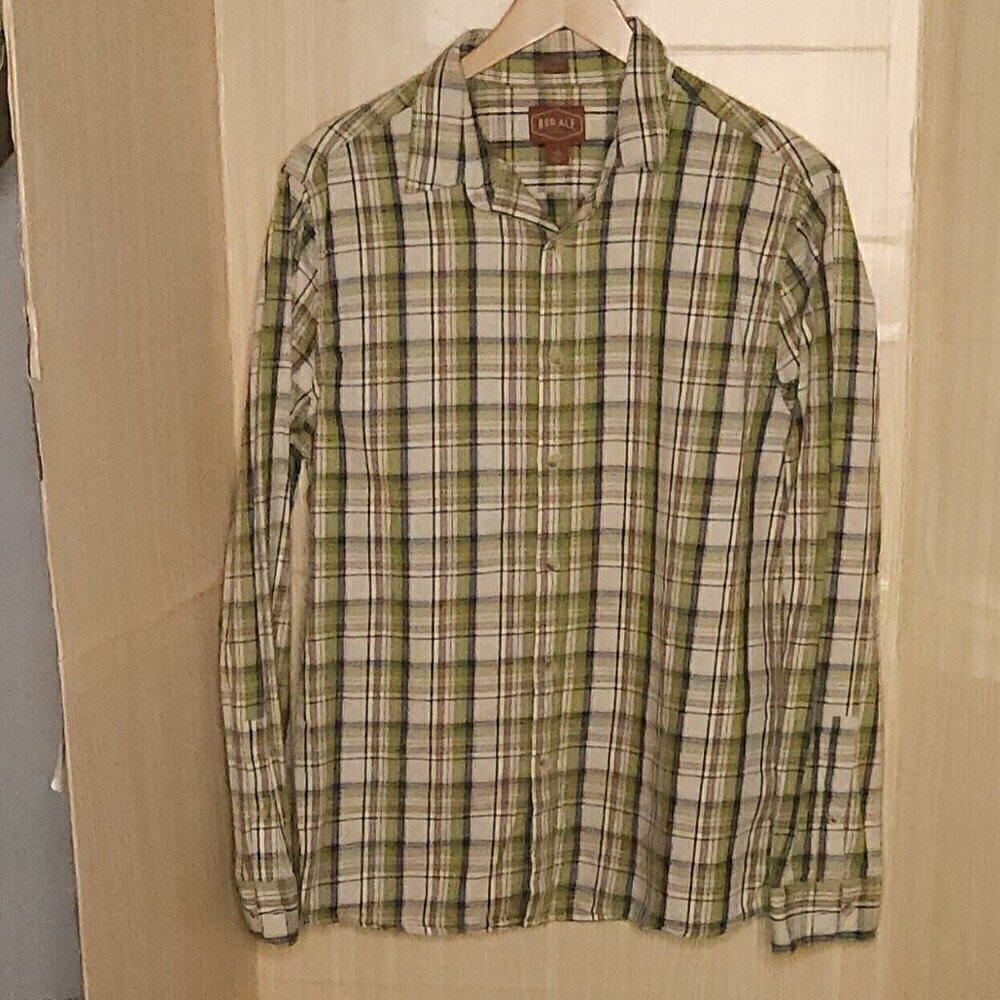 Red Ale Mens Green Tan Plaid Button Down Shirt Large Tall